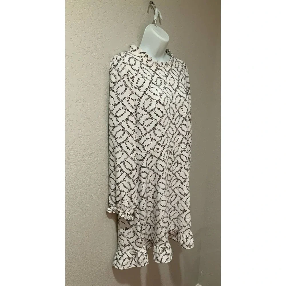 Loft Ruffle Flare Dress White Black Floral Long Sleeve Ruffle Hem size 8 #1094 - Picture 4 of 8